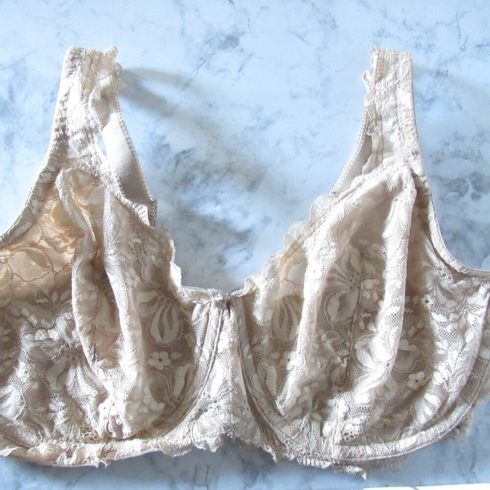 Olga Bra 42DD Beige Tan Lace Lined Underwire 35123 Back Closure
